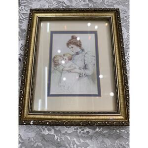 Vintage 1986 Frame Victorian Lithograph Baby's First Kiss Mother Children 9"X11"
